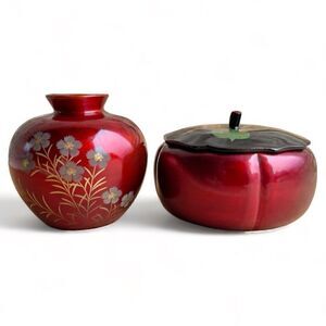 Painted Floral Glossy Red Black Lacquerware Vase Botanical Leaf Lidded Box Set